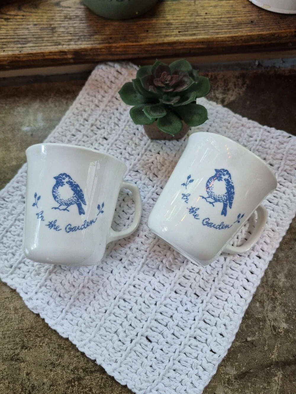 2pc. Vintage Corning In The Garden Blue Bird USA Coffee Mug Set